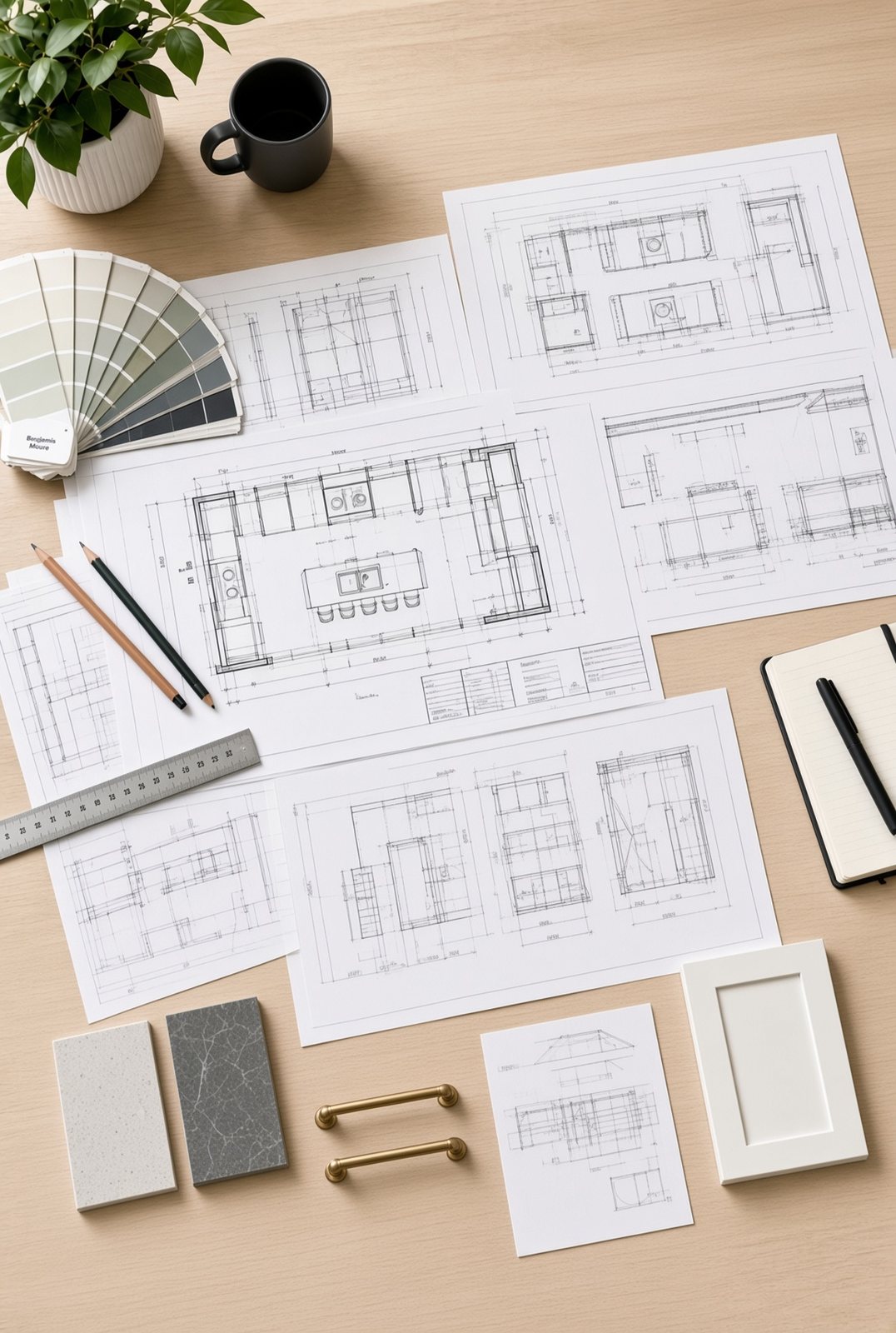 Kitchen millwork drawings, samples, and hardware on the studio desk