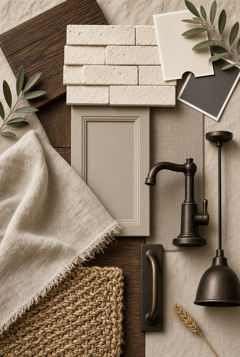 Warm modern farmhouse material board