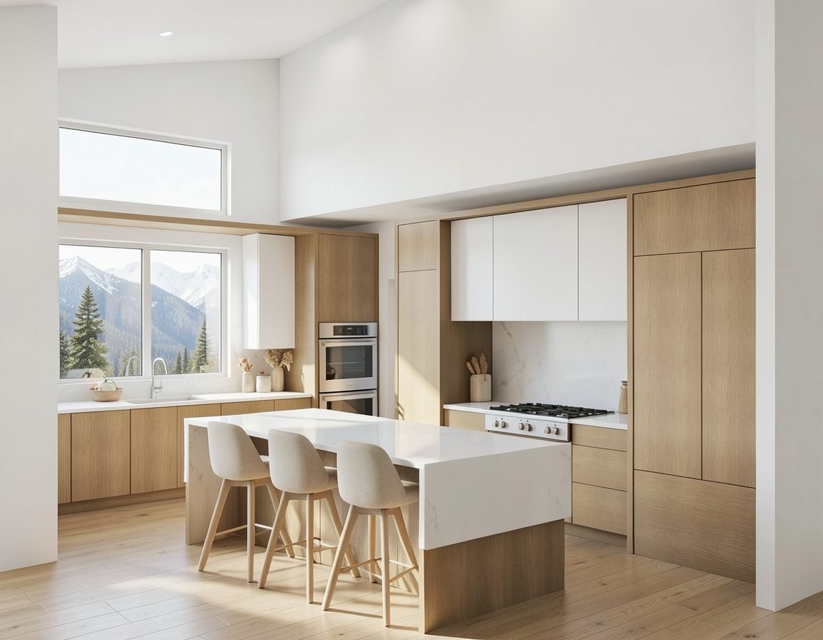 Oak and white kitchen with mountain view