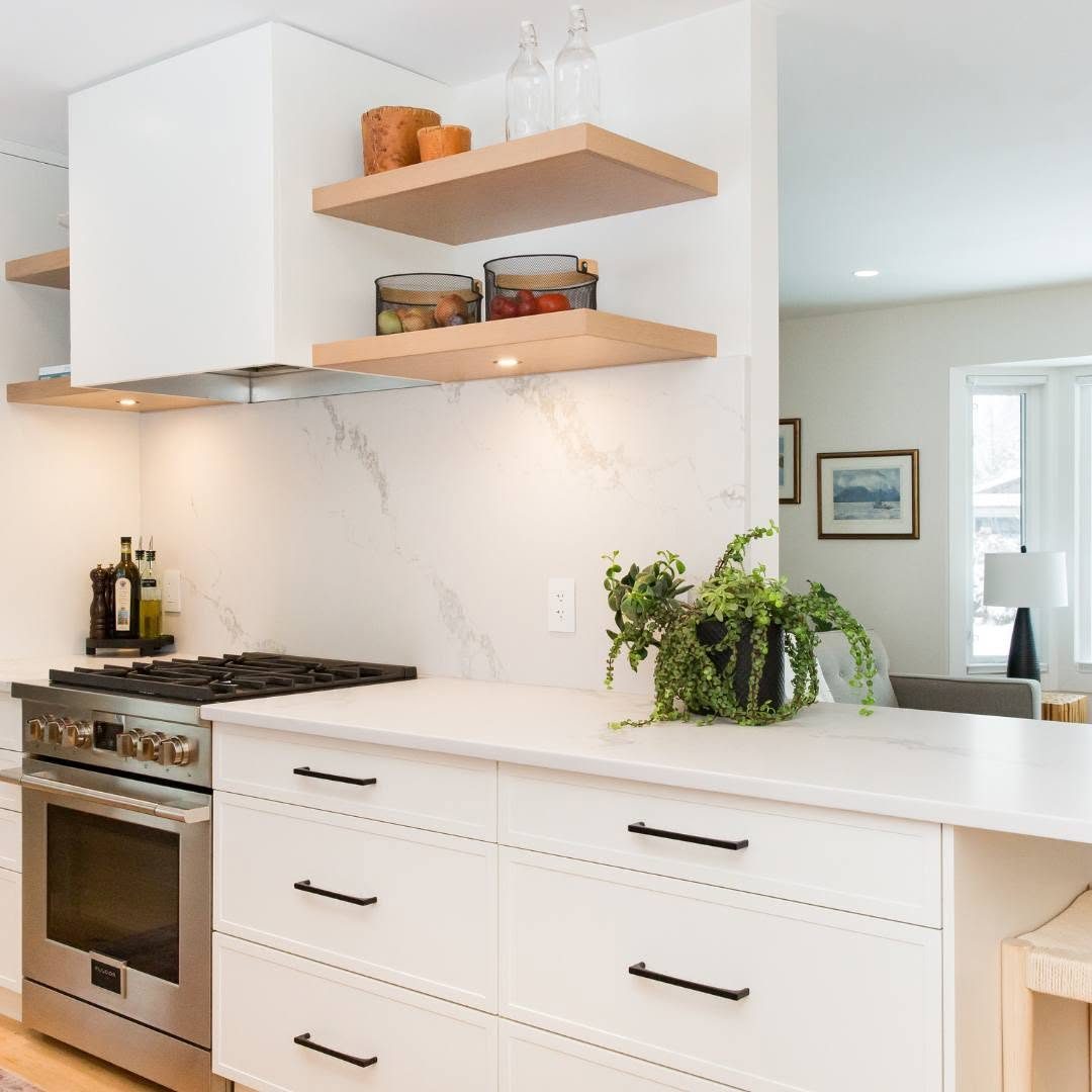 Kitchen range wall with floating shelves