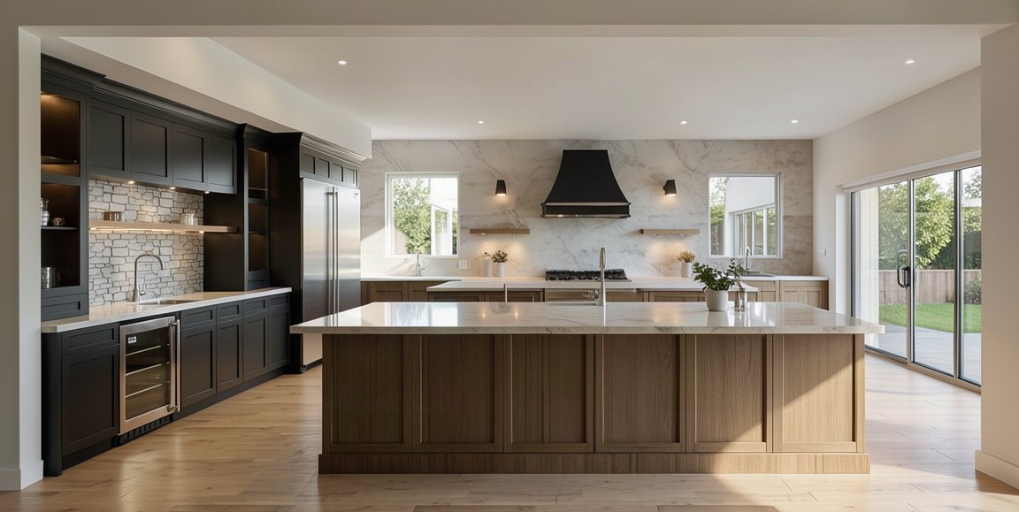 Oak island kitchen with painted millwork and stone range wall