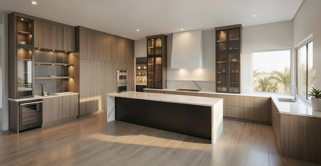 White oak millwork kitchen with dark island and brass hardware
