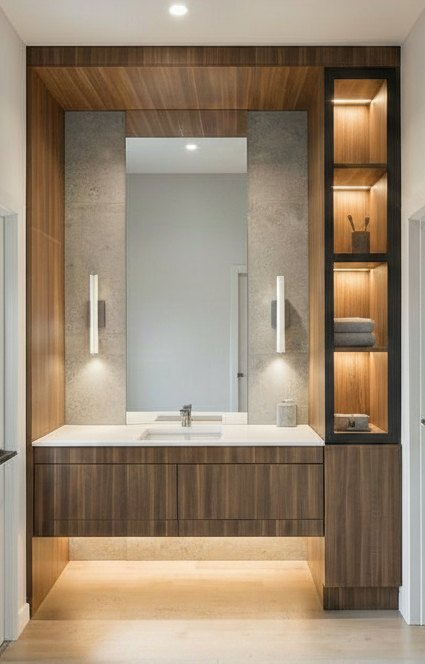 Walnut powder room millwork with brass hardware
