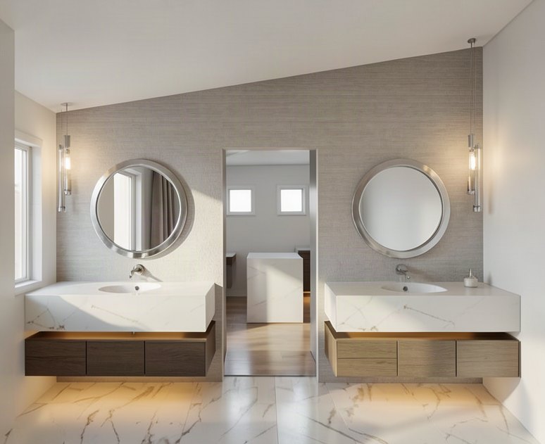 Dual floating vanities with round mirrors