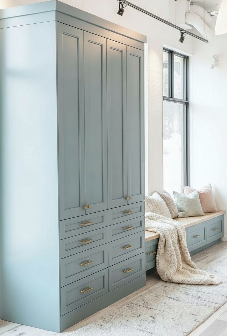 Teal millwork wardrobe and window seat