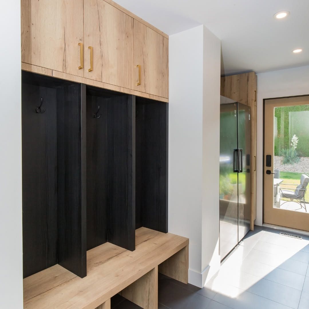 Mudroom lockers with wood millwork
